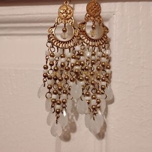 Gold and White Tassel Dangle Beaded Earrings